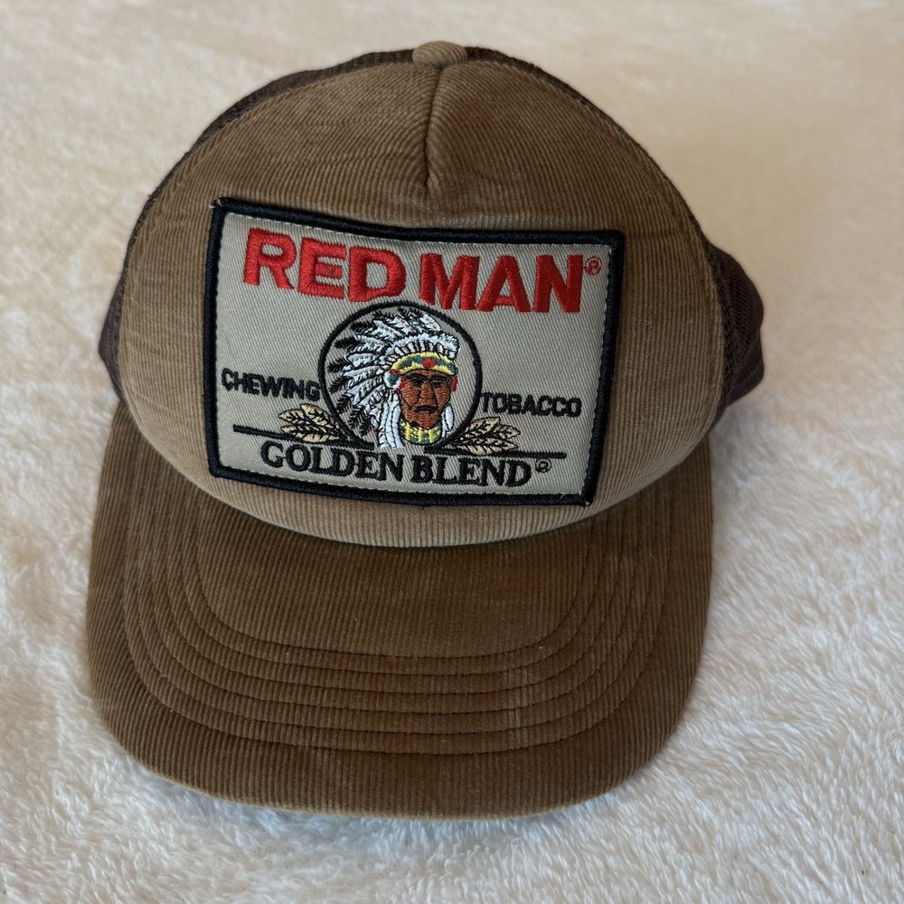 VINTAGE Red Man Corduroy Trucker Hat  Brown SnapBack Chewing Tobacco Patch